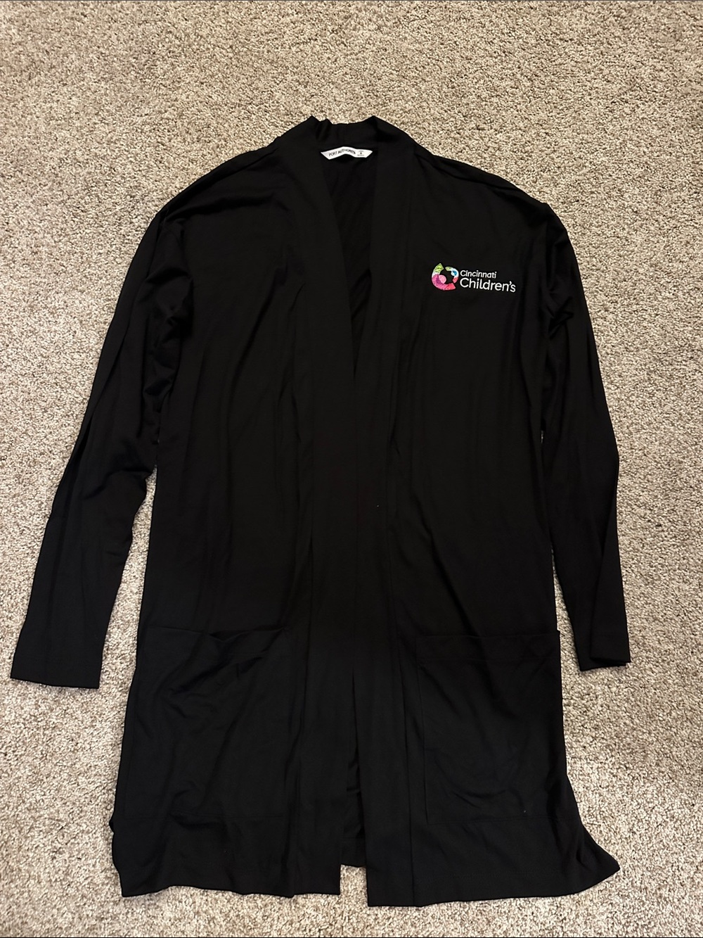 Black Long Open-Front Knit Light Weight Cardigan Cincinnati Children”s Logo